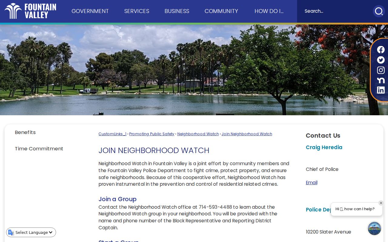 Fountain Valley neighbors page showing how to join Neighborhood Watch