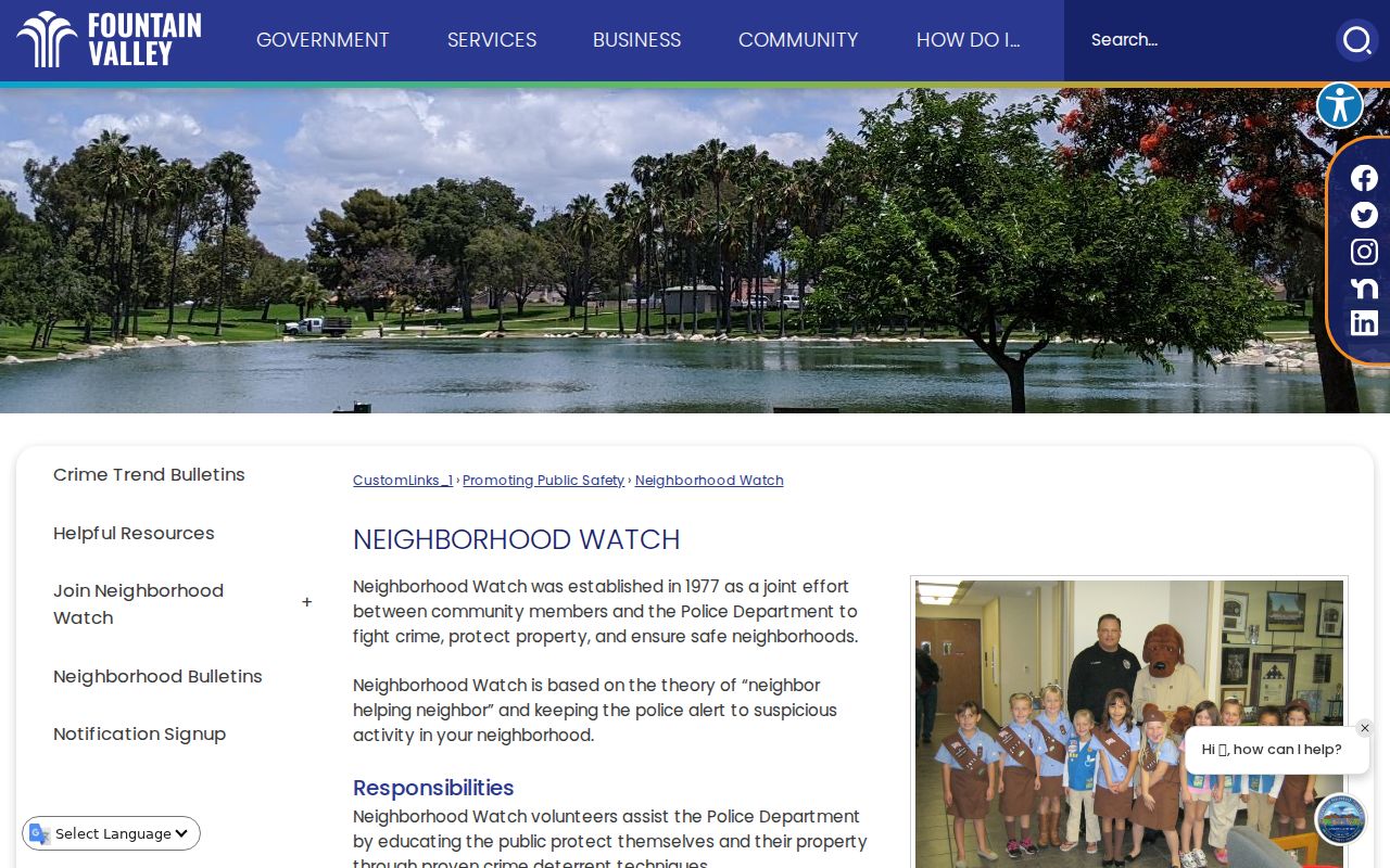 Fountain Valley neighbors page showing the Neighborhood Watch program