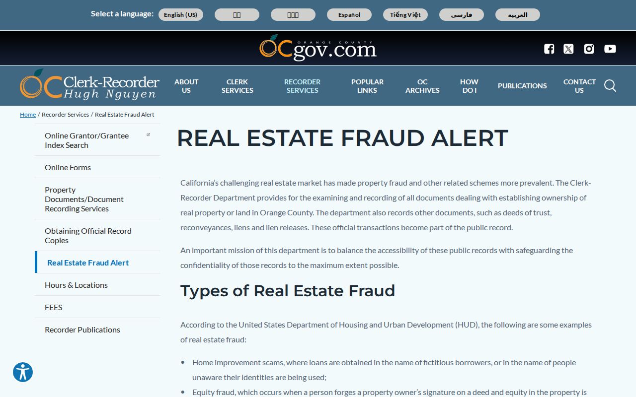 Fountain Valley neighbors page showing Orange County real-estate fraud alert information