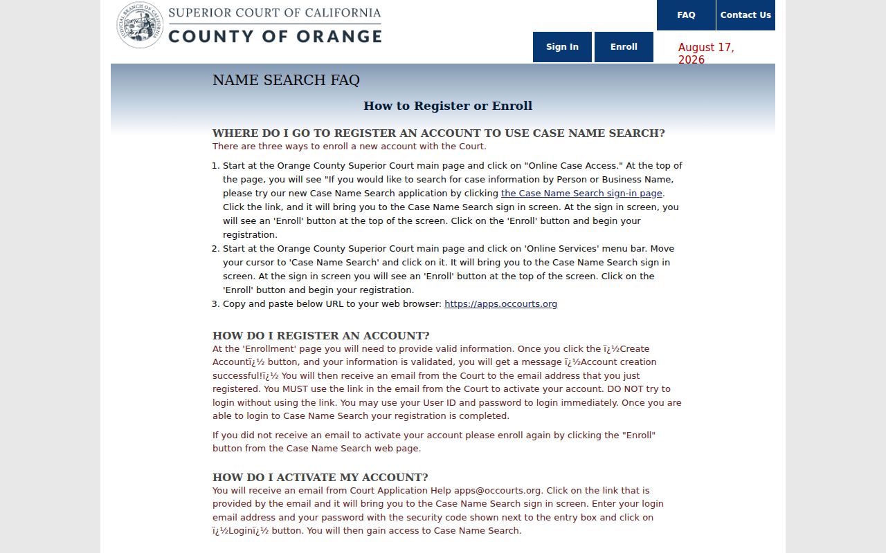 Fountain Valley resident lookup showing Orange County court name-search instructions