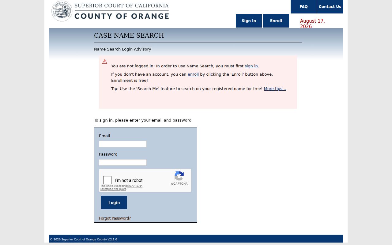 Fountain Valley resident lookup showing the Orange County Case Name Search screen