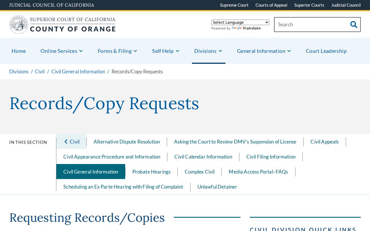 Fountain Valley resident lookup showing Orange County civil record copy request information