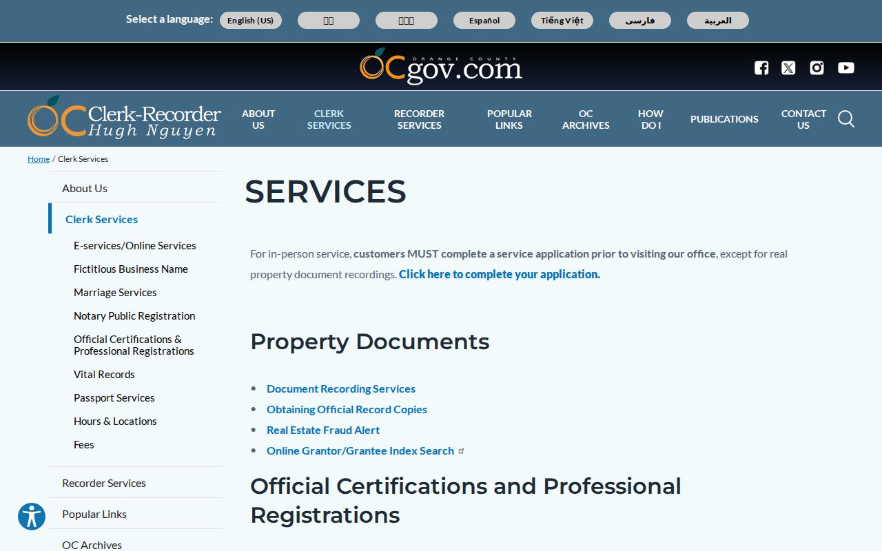 Fountain Valley street directory Clerk-Recorder services