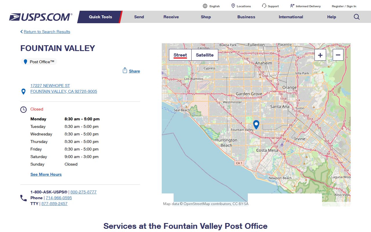 Fountain Valley ZIP code directory showing the Fountain Valley Post Office facility