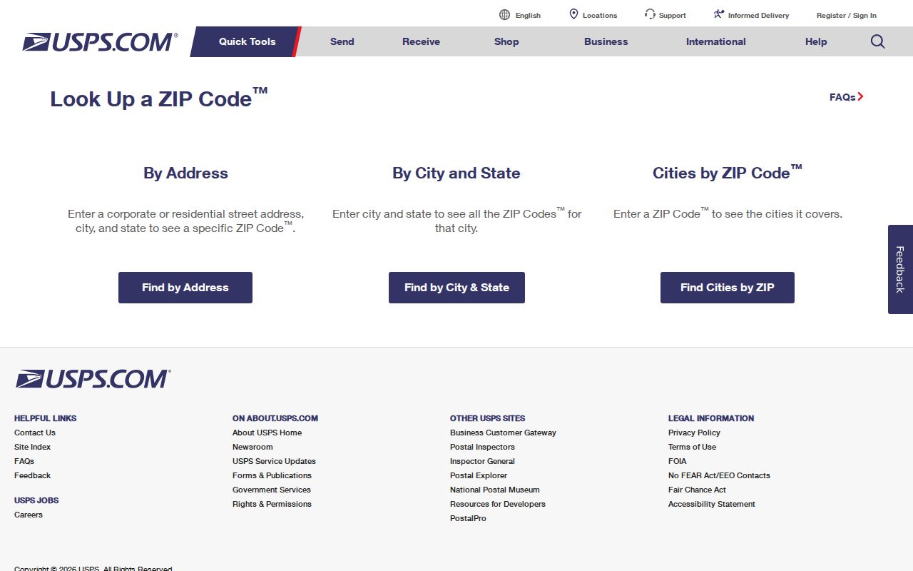 Fountain Valley ZIP code directory showing the USPS ZIP Code lookup form